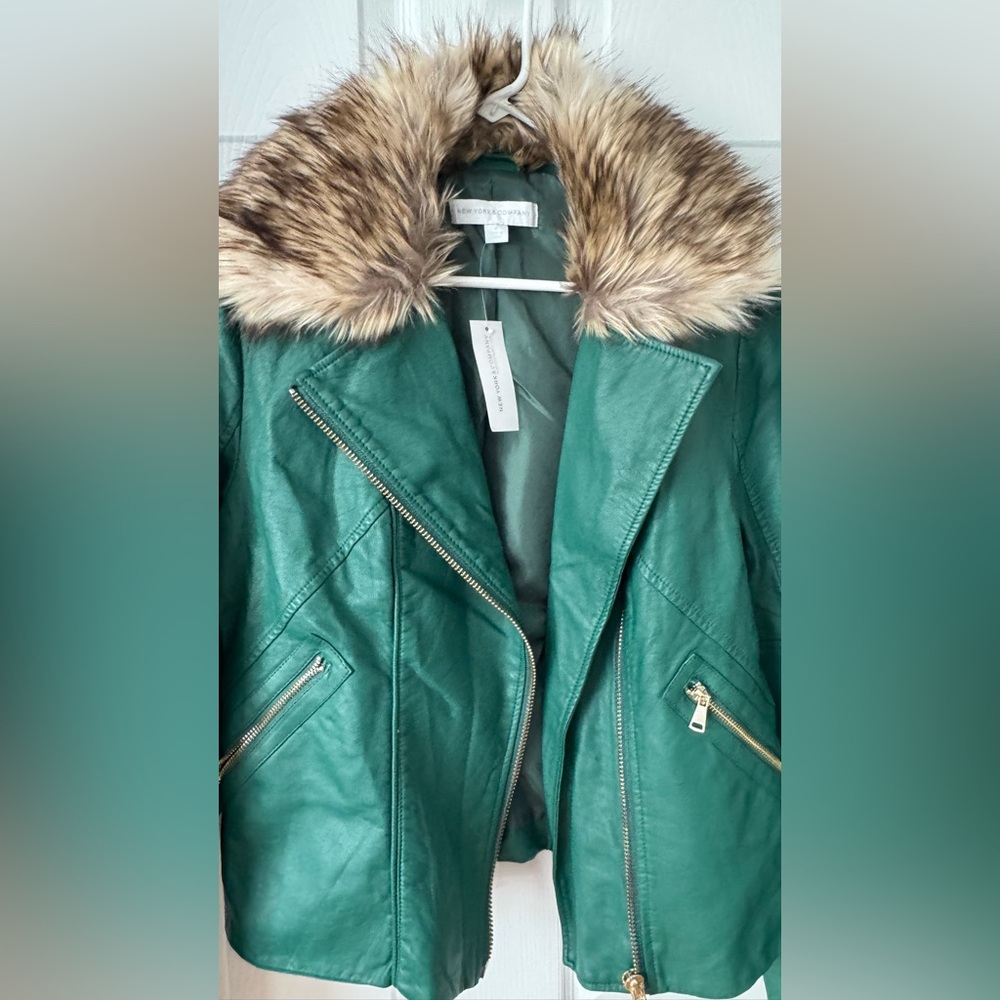 New York & Company Emerald Green Faux Leather Moto Jacket with Faux Fur Trim - Picture 9 of 14